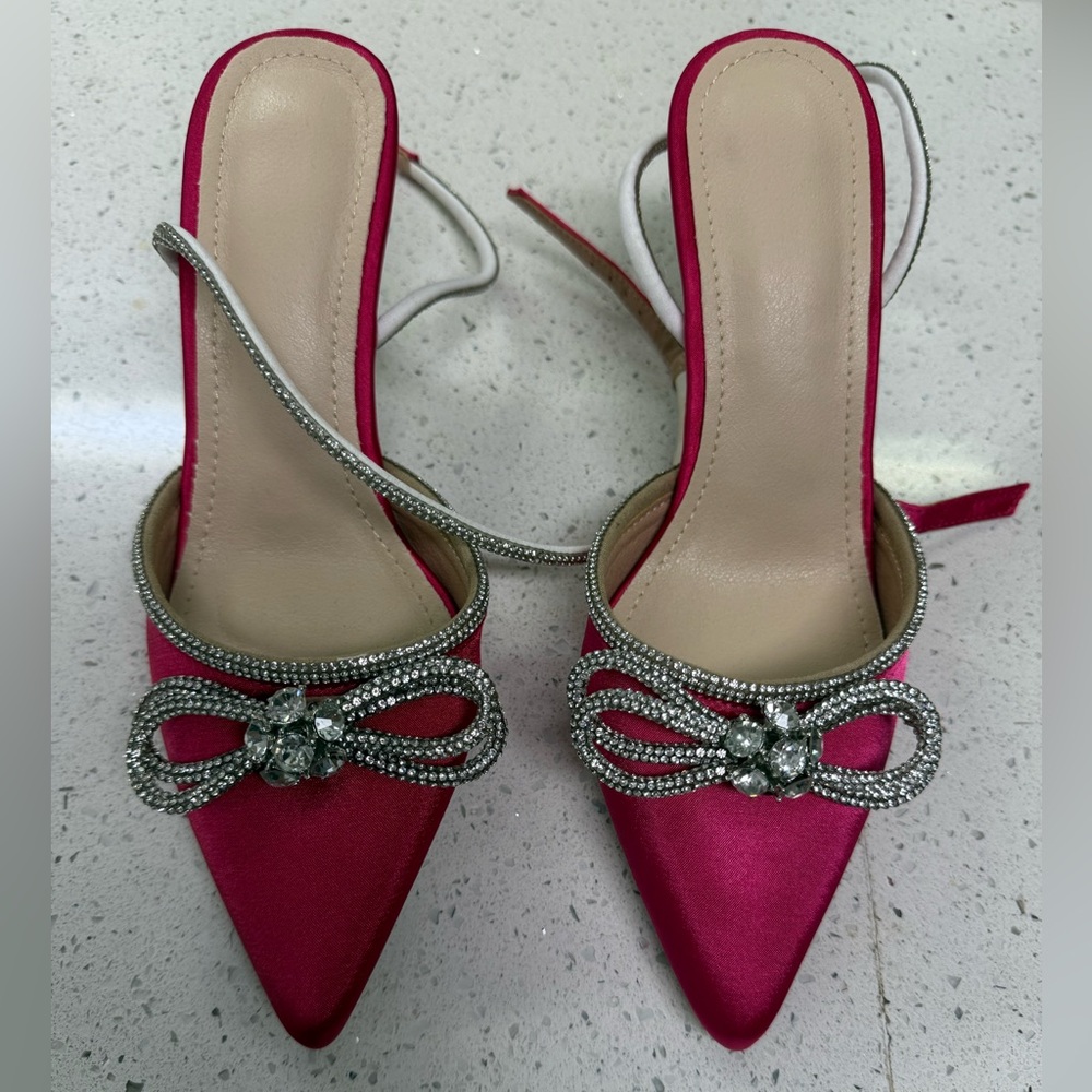 Elegant Pink Satin Women's Heels with Rhinestone Bow
